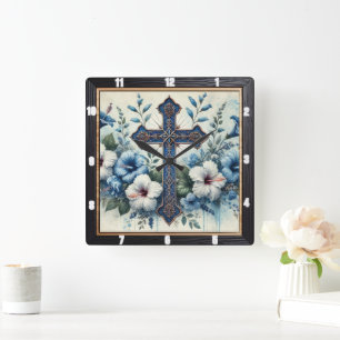 Horloge Carrée Hibiscus blanc Croix Bleue Orné