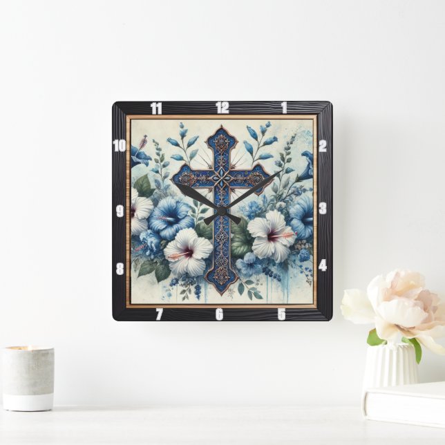 Horloge Carrée Hibiscus blanc Croix Bleue Orné (Maison)