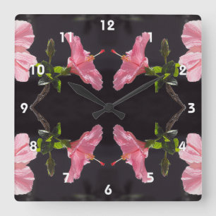 Horloge Carrée Hibiscus rose en noir