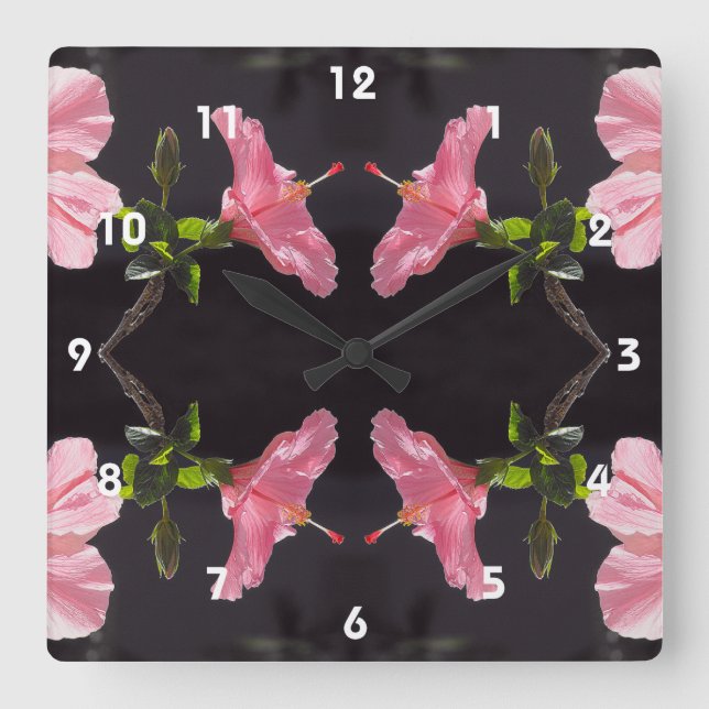 Horloge Carrée Hibiscus rose en noir (Recto)