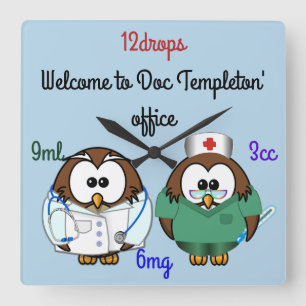 Horloge Carrée hibou infirmier et hibou doc