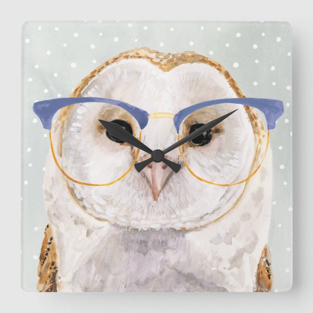 Horloge Carrée Hibou sage Quatre-Eyed du forestier | (Recto)
