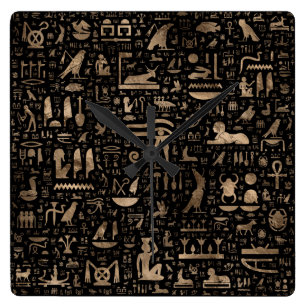 Horloge Carrée Hiéroglyphes égyptiens antiques - noir et or