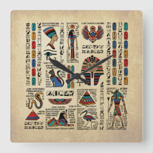 Horloge Carrée Hiéroglyphes et divinités égyptiennes sur papyrus