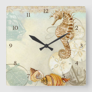 Horloge Carrée Hippocampe de tortue de collage de bord de la mer