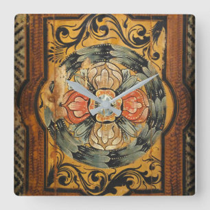 Horloge Carrée hist gothique vintage d'art en bois médiéval de