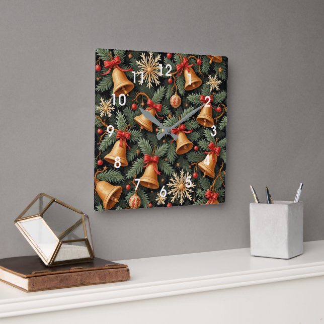 Horloge Carrée Holiday Bells, Decorative Christmas Pattern, (Bureau)