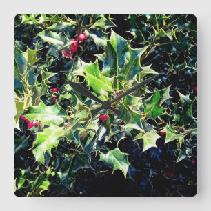 Horloge Carrée Holly, baies rouges