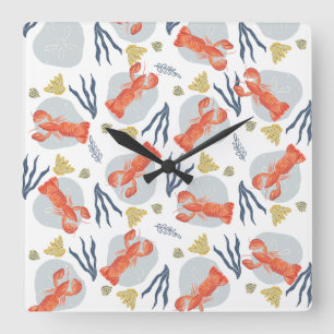 Horloge Carrée Homard à l'aquarelle Crustacés Dollars de plage de