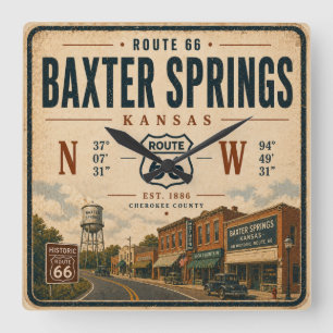 Horloge Carrée Hommage à la Route 66 de Baxter Springs