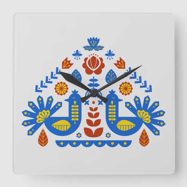 Horloge Carrée Hongrois Danois Peacock Floral Folklore Motif (Recto)