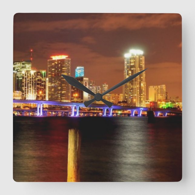 Horloge Carrée Horizon de Miami la nuit, la Floride (Recto)