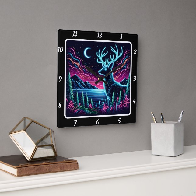 Horloge Carrée Horizon sur le majestueux Neon Deer Antlers (Bureau)