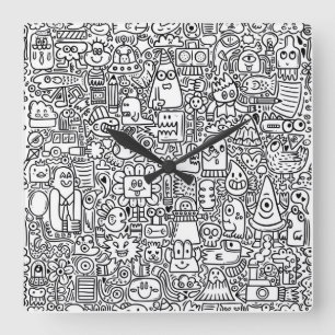 Horloge Carrée "Horloge de gribouillage noir et blanc