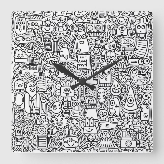 Horloge Carrée "Horloge de gribouillage noir et blanc (Recto)