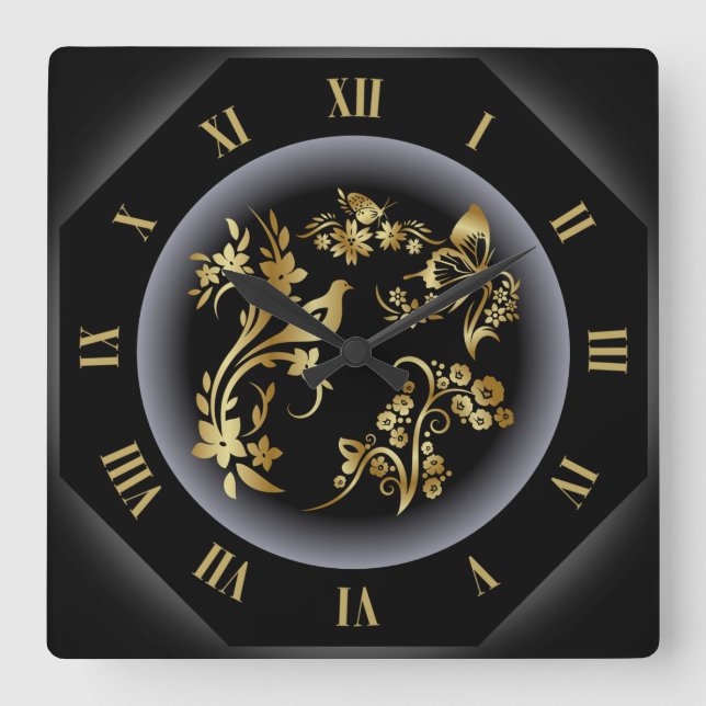 Horloge Carrée Horloge-escarcelle ~ Oiseau d'or ~ Papillons ~ Fle (Recto)