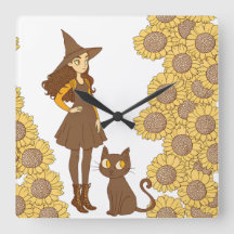 "Horloge murale fantaisiste de sorcière et chat au