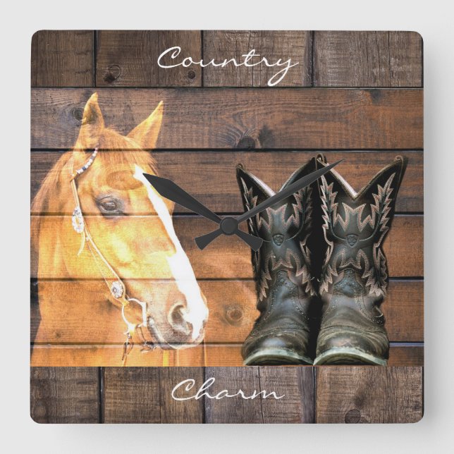 Horloge Carrée Horse Cowboy Boots Rustic Barque (Recto)