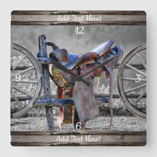 Horloge Carrée Horse Saddle Corral clôture Western Wagon Wheels 