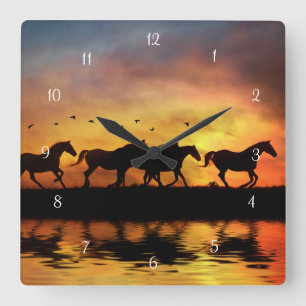 Horloge Carrée Horses Galloping Sunset and Water