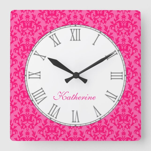 Horloge Carrée Hot pink kangaroo paw damask name wall clock (Recto)