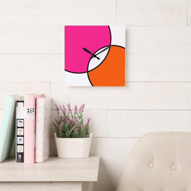Horloge Carrée Hot pink Orange White Circles (Salle de lecture)