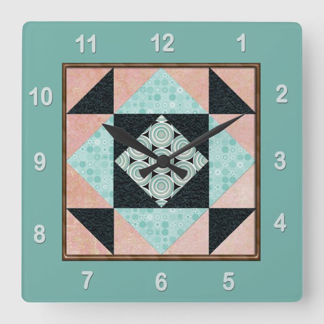 Horloge Carrée Hourglass Patch Quilt Block Turquoise & Peach (Recto)