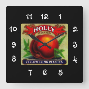 Horloge Carrée Houx vintage d'étiquette de caisse de fruit -