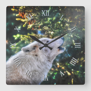 Horloge Carrée Howling Arctic Grey Wolf Portrait photo