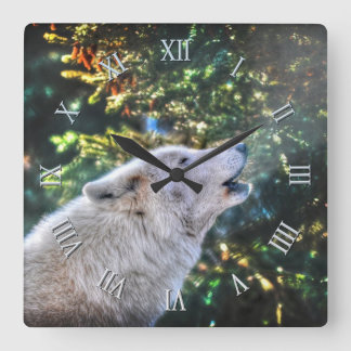 Horloge Carrée Howling Arctic Grey Wolf Portrait photo