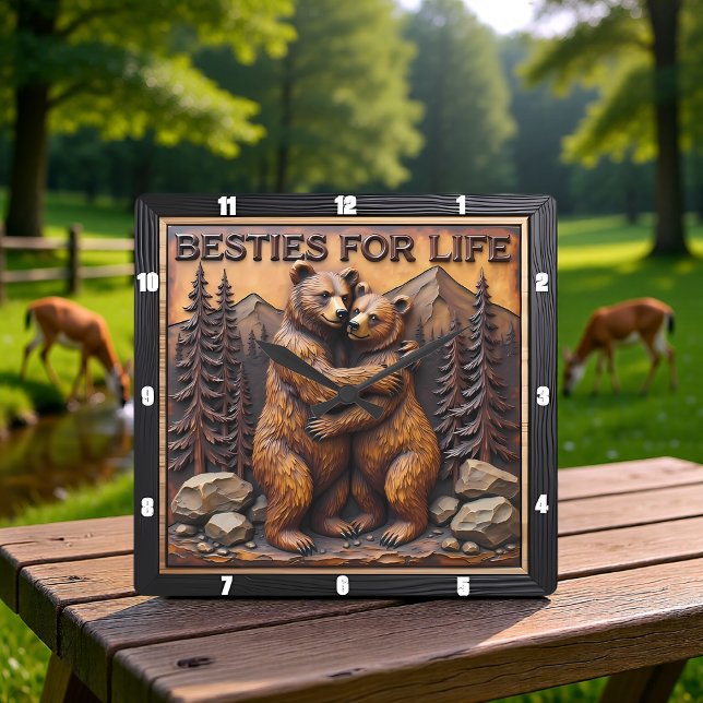 Horloge Carrée Hugging Bears Brown Mountain (Créateur téléchargé)
