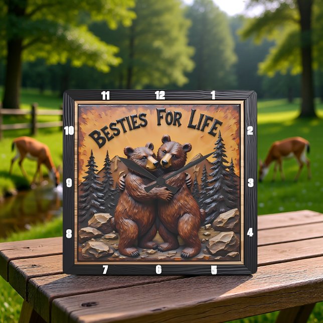 Horloge Carrée Hugging Bears Dark Forest (Créateur téléchargé)