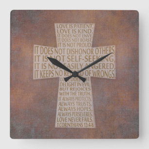 Horloge Carrée I Corinthiens 13 Chapitre de l'amour Croix Rustiqu