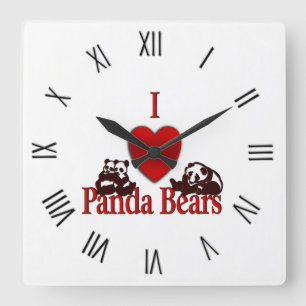 Horloge Carrée I Heart Panda Bears Fun