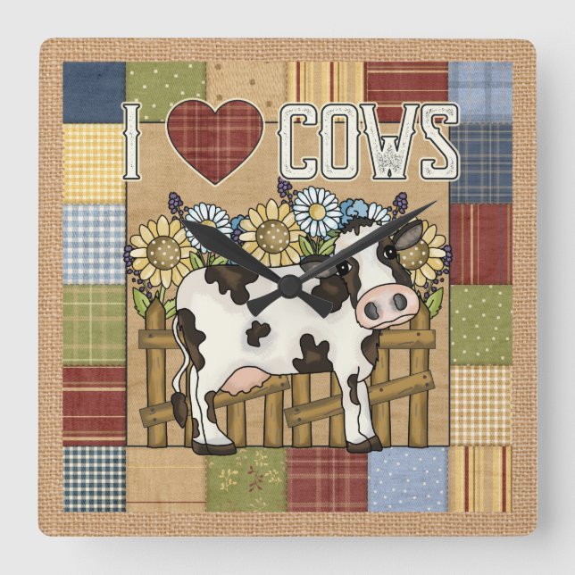 Horloge Carrée I Love Cows Country Patchwork (Recto)