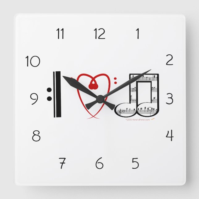 Horloge Carrée I Love Music Wall Clock Cadeau pour les mélomanes (Recto)