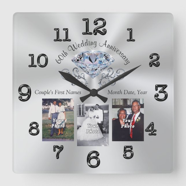Horloge Carrée Idées Cadeau Anniversaire Diamant Vos Photos, Text (Recto)
