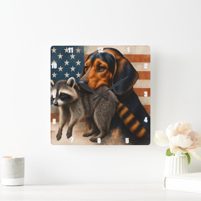 Horloge Carrée Illustration beagle Chien Et Raccoon Avec American (Maison)