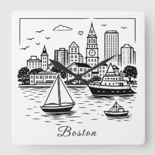 Horloge Carrée Illustration de Boston à ligne noire