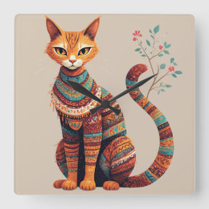 Horloge Carrée Illustration de chat tribal bohème, design d'art f