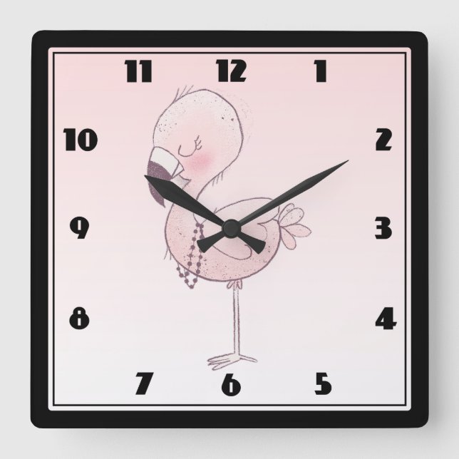 Horloge Carrée Illustration de Flamant rose rose mou (Recto)