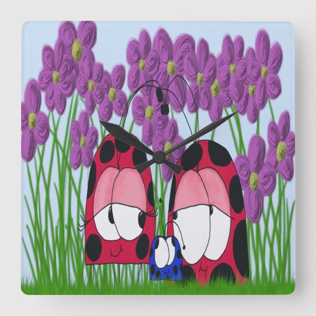 Horloge Carrée Illustration de la famille Ladybug (Recto)