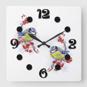 Horloge Carrée Illustration d'oiseau mésange d'hiver à l'aquarell
