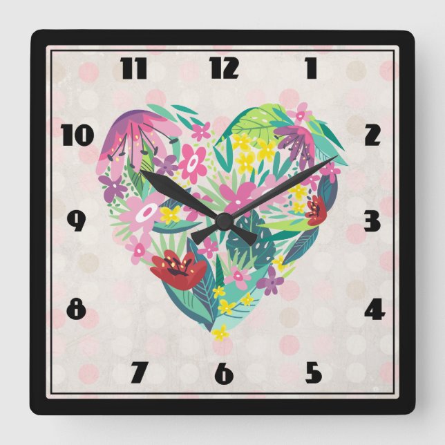 Horloge Carrée Illustration du coeur floral en rose et vert (Recto)