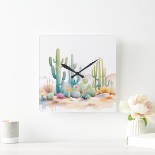 Horloge Carrée Illustration du désert d'aquarelle