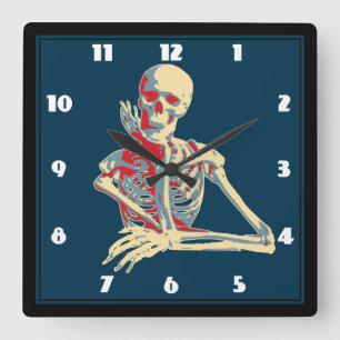 Horloge Carrée Illustration du squelette cool Retro
