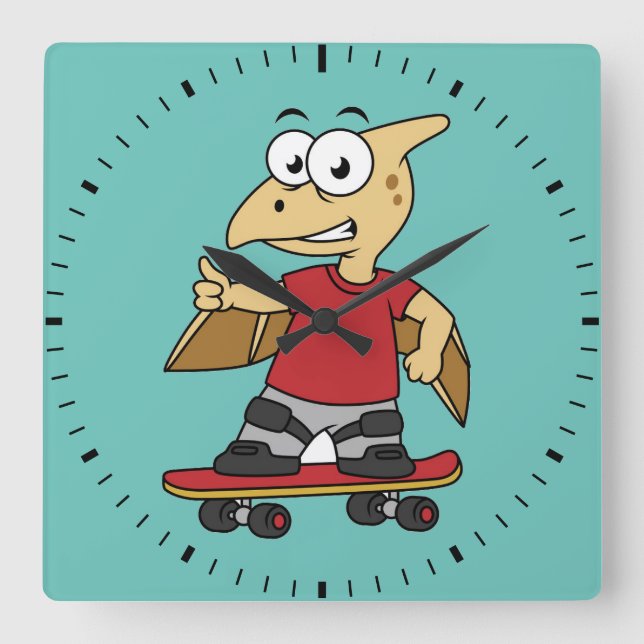 Horloge Carrée Illustration D'Un Skateboard De Ptérosaure. (Recto)