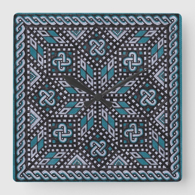 Horloge Carrée Illustration mosaïque noir gris et bleu Matisse (Recto)