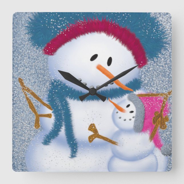 Horloge Carrée Illustration SnowMomma Et SnowGirl (Recto)