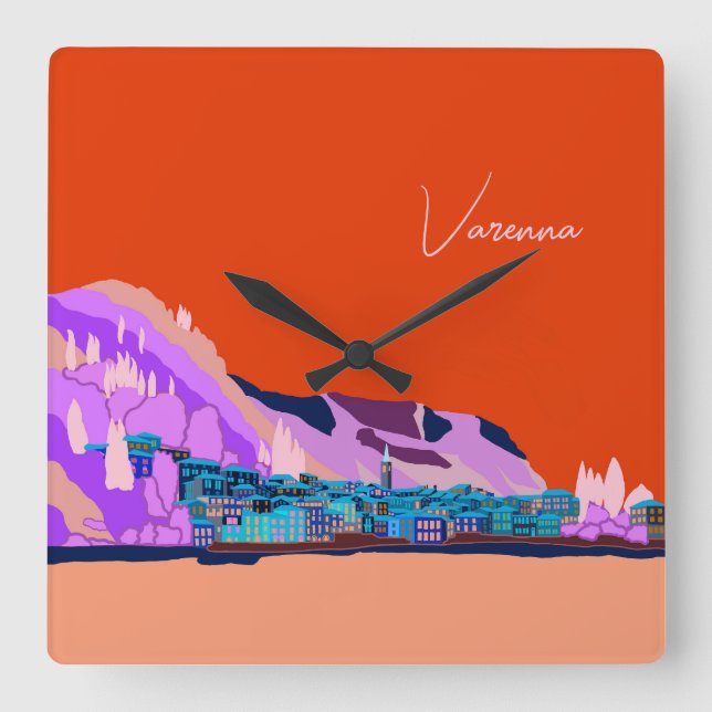 Horloge Carrée Illustration Sunset Varenna Lake Côme Italie (Recto)
